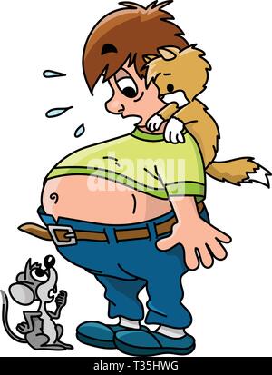 Cartoon man gained too much weight looking at his tummy with his pet friends vector illustration Stock Vector
