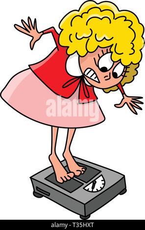 Cartoon woman gets shocked as she steps on the scale vector illustration Stock Vector