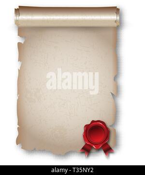 Antique historical paper scroll document with red wax seal. vector illustration Stock Vector