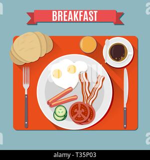 Breakfast set. red Blanket on blue backgound with sausages, fried eggs, becon, tomato, cucumber, croissant, coffee cup, fork spoon and knife. vector i Stock Vector