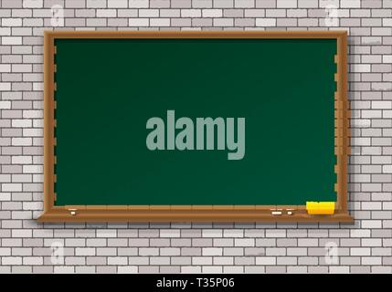 Empty green chalkboard with shadow with wooden frame with yellow sponge and white chalk on white brick wall background. template for cards. web design Stock Vector
