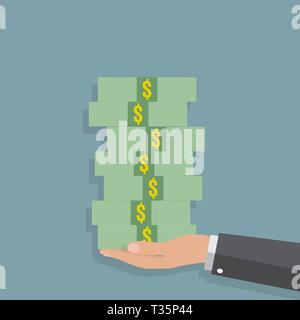 Cartoon businessman hand holding stacks of cash. vector illustration on blue background in flat design Stock Vector