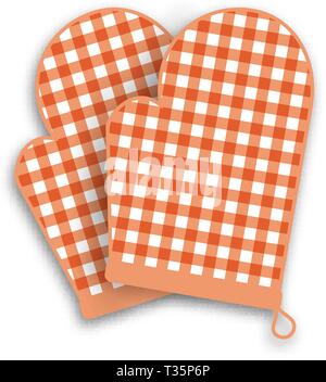 Two Red kitchen gloves with shadow and gingham pattern isolated on white background. vector illustration Stock Vector
