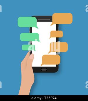 Hand holding black smartphone with chat bubbles. on blue backgound with shadows. Vector illustration in flat design. Concept for web design, promotion Stock Vector