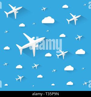 Abstract white Planes and clouds with long shadows on blue background. vector illustration. travel concept Stock Vector