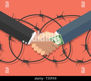 Cartoon Businessman giving a bribe. Vector illustration in flat design on red background with barbed wire. anti Corruption concept. Stock Vector