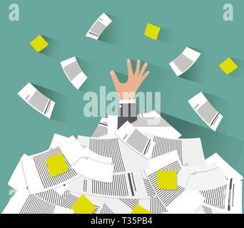 Cartoon Businessman need help under a lot of documents. Overwork concept. vector illustration in flat design on green background Stock Vector