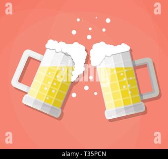 clink glass beer mugs. Concept of celebration with beer colliding and spilling out with foam. Vector illustration in flat design on red background Stock Vector