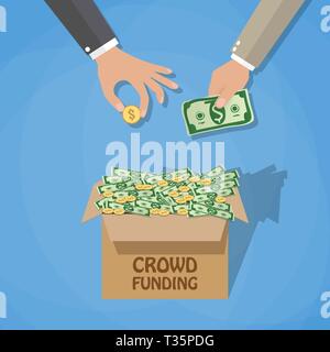 Crowdfunding concept, box full of dollar cash and coins and businessman hands. vector illustration in flat design on blue background Stock Vector