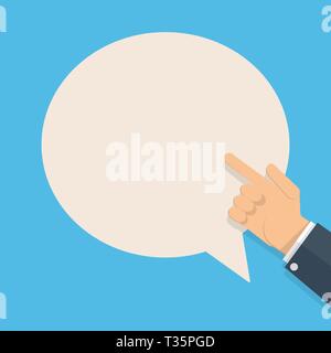 cartoon businessman hand with pointing finger and white speech bubble for text. vector illustration in flat design on blue background Stock Vector