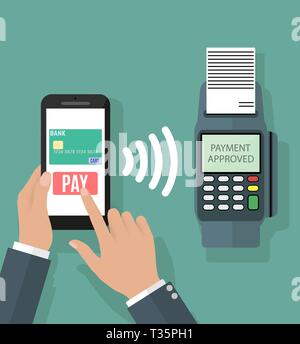 Pos terminal confirms the payment by smartphone. Vector illustration in flat design on green background. nfc payments concept Stock Vector