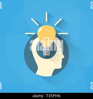 Silhouette of a human head with burning light bulb with shadows, idea concept. vector illustration in flat design on blue background Stock Vector