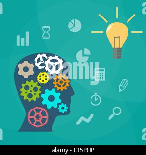 Silhouette of a human head with gears inside and a burning light bulb, idea concept. vector illustration in flat design on green background Stock Vector