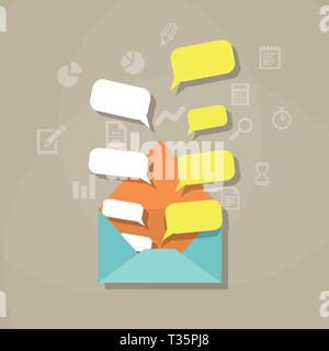 Blue Envelope with white and yellow chat bubble quote. vector illustration in flat design on brown background, Communication concept Stock Vector
