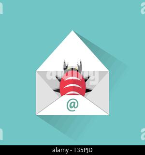 Infected email icon. opened mail and virus malware bug inside. vector illustration in flat design on green background Stock Vector