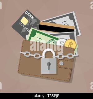 Closed brown leather wallet with dollar cash, coins, debit credit cards inside and locked silver pad lock with chain. vector illustration in flat desi Stock Vector