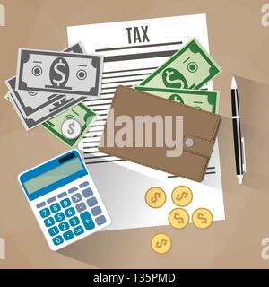 tax payment design, Calculator, wallet with cash and coins, pen on desk. Vector illustration in flat design Stock Vector