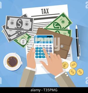 tax payment design, businessman hands holding calculator, wallet with cash and coins, pen and coffee cup. Vector illustration in flat design on blue b Stock Vector