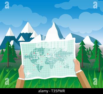 Man on a hiking trip holding a map of world in his hands. Nature landscape of mountains, hills, Hiking, camping, planning a trip. vector illustration  Stock Vector