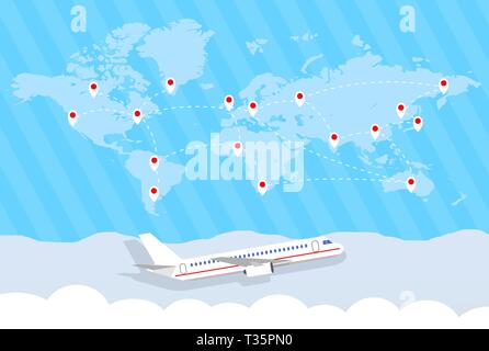 World map with routes and airplane in clouds. vector illustration in flat design. travel concept Stock Vector
