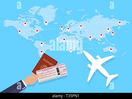 World map with routes airplane, and hand with passport and ticket . vector illustration in flat design. travel concept Stock Vector