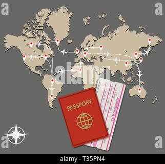 World map with jet routes and passport with boarding pass on grey background. traveling concept. vector illustration Stock Vector