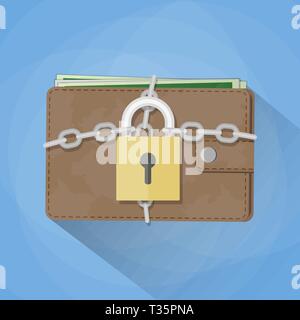 Brown leather wallet closed on the lock with chains. Economy concept. vector illustration in flat design on blue background with long shadow Stock Vector