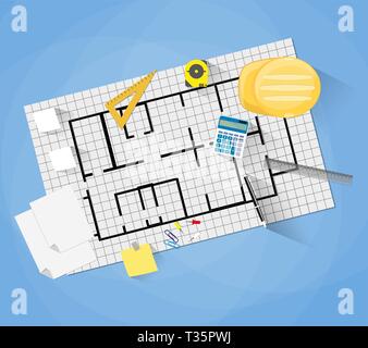 Cartoon Construction engineer desktop with work tools, vector illustration in flat design on blue background Stock Vector