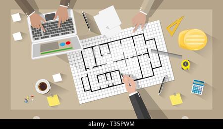 cartoon Construction engineers teamwork concept, desktop with work tools, laptop. vector illustration in flat design on brown background Stock Vector