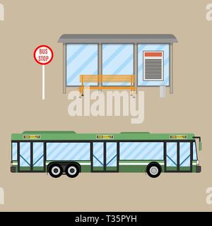 bus stop with seats and green city bus. vector illustration in flat design on brown background Stock Vector