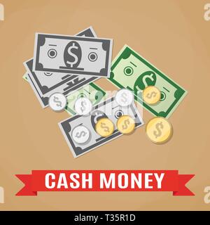 Cartoon money cash, green and grey dollars and silver and gold coins with sign on red, money concpet, income, financial, vector illustration in flat d Stock Vector