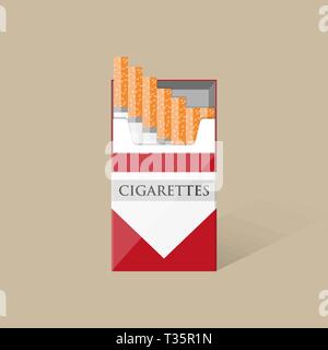 Open white red cigarettes pack box with shadow. vector illustration in flat design on brown background Stock Vector