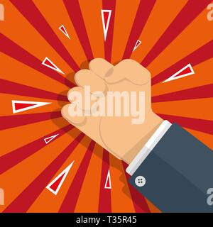 protest or winner concept, cartoon mans hand, vector illustration in flat design on striped orange red background Stock Vector