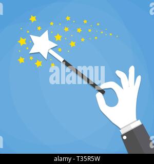 Cartoon Hand hold magic wand with stars sparks. vector illustration in flat design on blue background Stock Vector