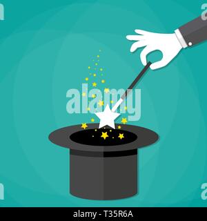 Cartoon Magicians hands in white gloves holding a magic wand with stars sparks above black magic hat. vector illustration in flat design on green back Stock Vector