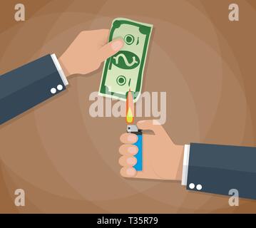Cartoon businessman hand holding money bill and another hand holding lighter. vector illustration in flat design on brown background Stock Vector