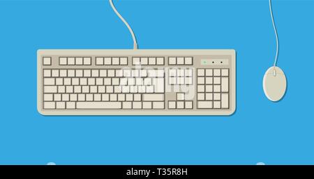 White retro computer keyboard and mouse with shadow. vector illustration in flat design on blue background Stock Vector