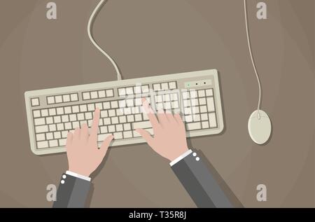 Cartoon hands on white keyboard and mouse of computer. Desk office worker concept. Computer, internet, typing. vector illustration in flat design on b Stock Vector