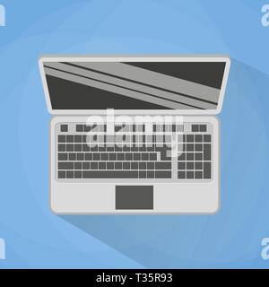 cartoon opened laptop notebook computer, Top View. Vector Illustration in flat design on blue background with long shadow Stock Vector