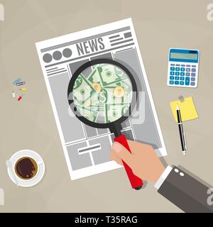 Cartoon businessman hand checking newspaper with magnifying glass and see money. coffee cup, notes, pen, calculator. business news inspection concept. Stock Vector