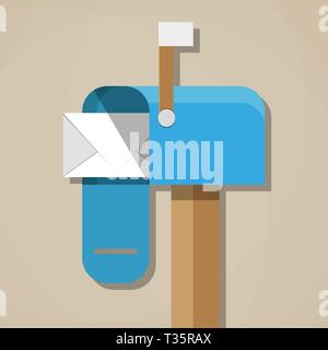 cartoon blue opened mailbox with regular mail inside. vector illustration in flat design on brown background Stock Vector