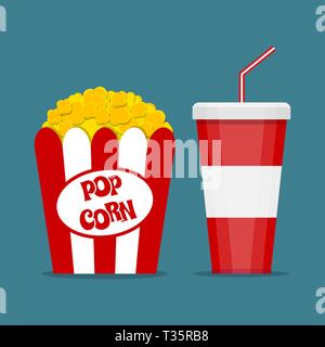 Opened Red white paper box with popcorn and cup for soft drinks with drinking straw. Popcorn and cola logo. vector illustration in flat design on blue Stock Vector