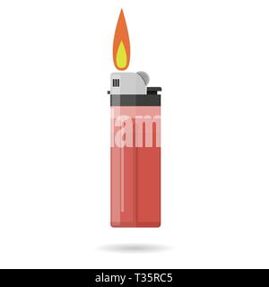 Cartoon red pocket lighter with fire. Lighter icon. Burning lighter. Modern fuel lighter. vector illustration in flat design isolated on white backgro Stock Vector