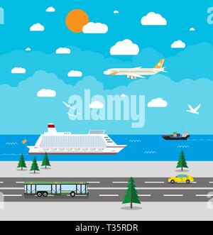 background with various types of transport, car, bus, airoplane, cruise ship. Different means of transportation. Travel concept. Vector illustration i Stock Vector