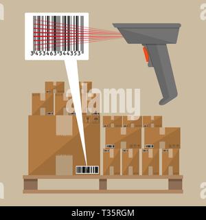 Gray barcode reader scanner with cardboard delivery boxes on wooden pallet. Vector illustration in flat design on brown background Stock Vector