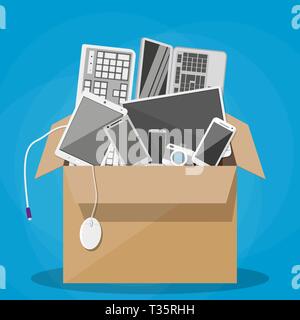 Various modern devices in cardboard box. desktop pc, tablet pc, keyboard, photo camera, mouse, laptop, mobile and smart phones. vector illustration in Stock Vector