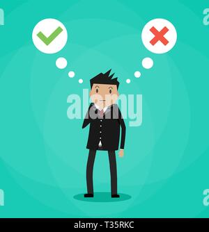 Cartoon businessman and speech bubbles with checkmarks above. Decision idea concept. Wrong or right choice. Vector illustration in simple flat design  Stock Vector