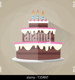Chocolate birthday cake icon with long shadow. Candles with fire and cherry at top. vector illustration in flat design on brown background Stock Vector