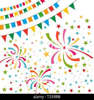 Color pennant bunting collection triangular and square red, yellow, blue, green, orange colors on white background with color firework around, vector  Stock Vector