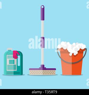 Cleaning set. MOP, red plastic bucket with foam, cleaning products in bottle for floor with rubber gloves upstairs. vector illustration in flat design Stock Vector